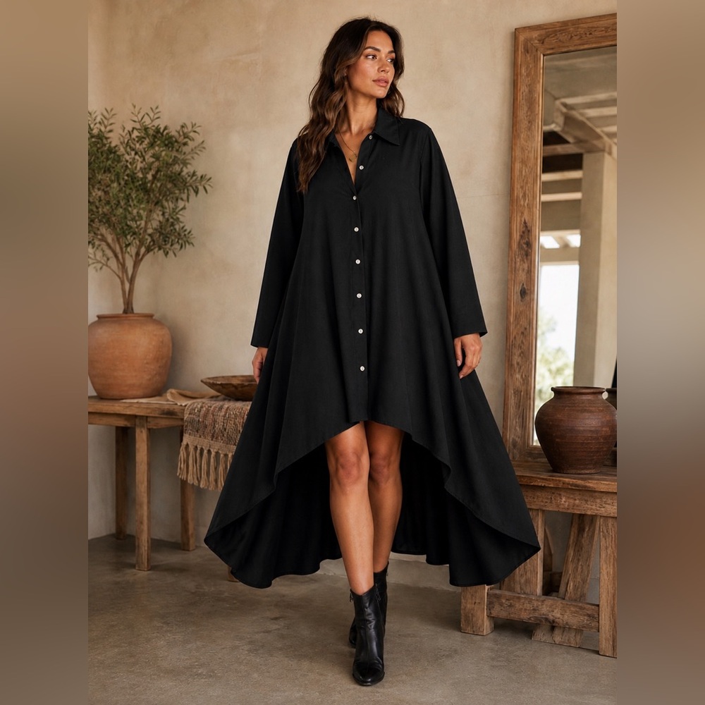 Women’s Black High-Low Button-Front Shirt Dress